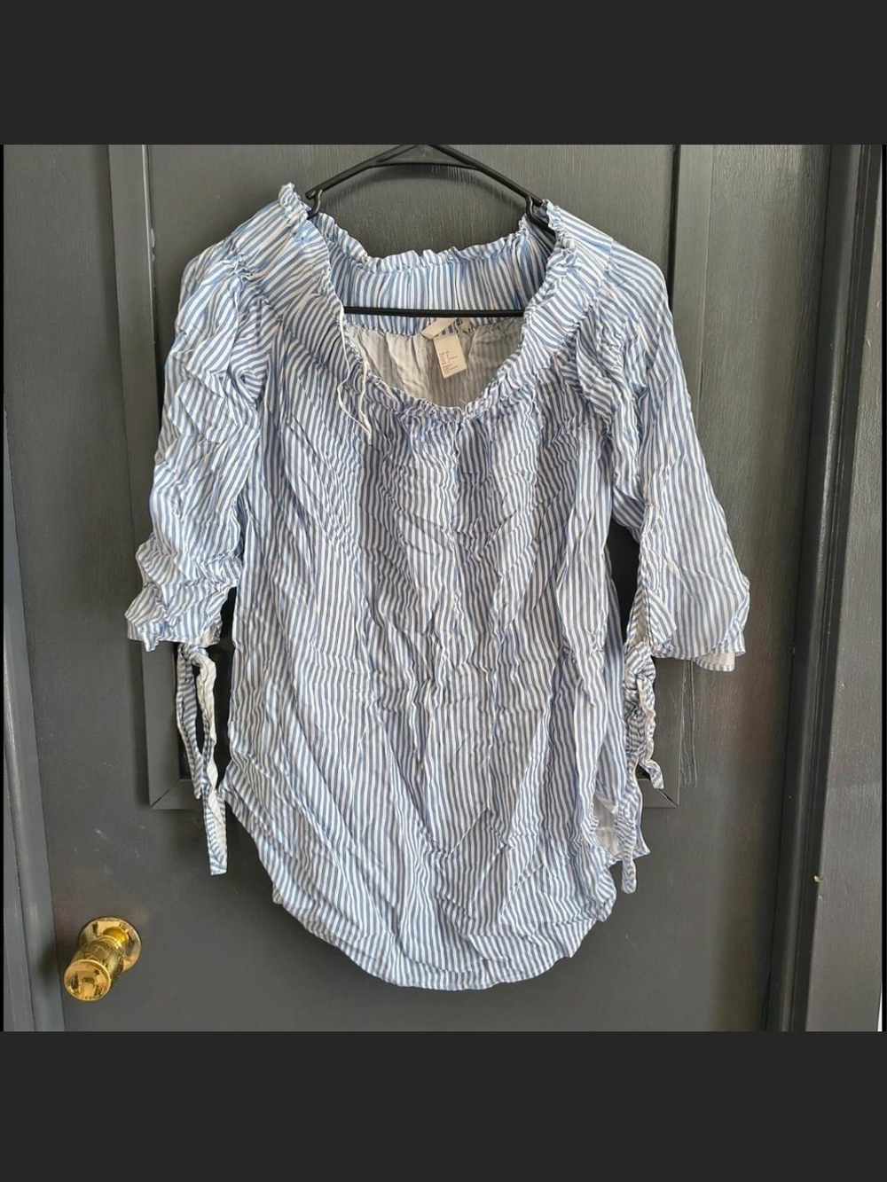 H&M Blue and White Striped Off-Shoulder Blouse with Tie Sleeves